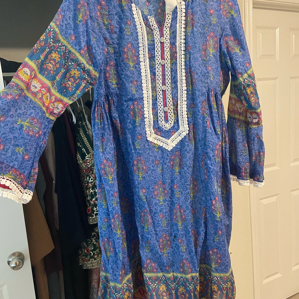 Pakistani blue frock with dupatta and white pants
